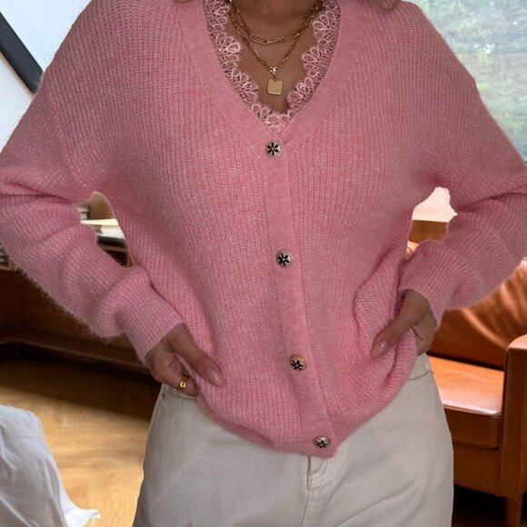 Pink Casual Women's V Neck Lace Trim & Rhinestones Cardigan - Picture 8 of 8